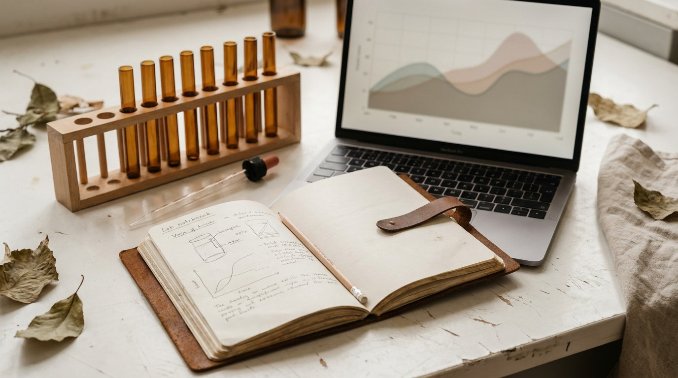 Flat lay of a lab notebook, a pipette, sample tubes in a rack and a laptop showing an abstract chart, on a clean white