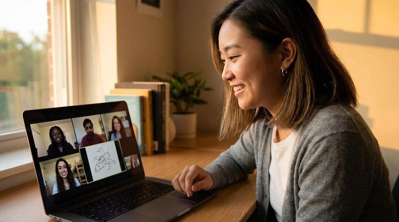 A small group of college students on a video call from their dorm desks, one sharing a screen with a spacecraft design