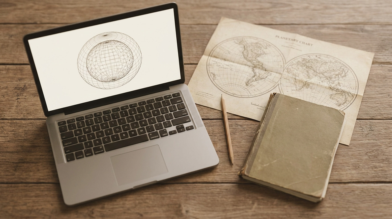 Flat lay of a laptop showing an abstract CAD wireframe, a printed planetary map, a pencil and an engineering notebook