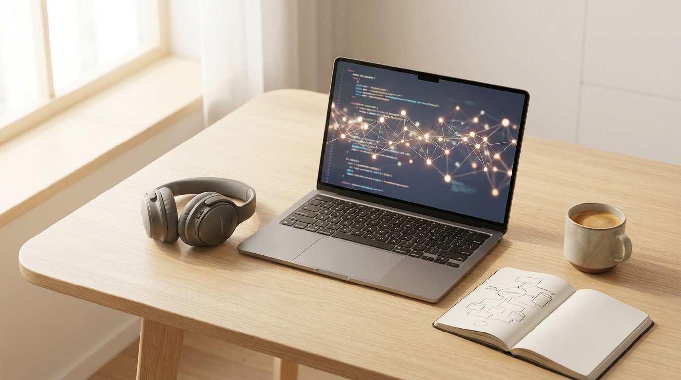 Flat lay of a laptop showing abstract code and a network graph, noise-canceling headphones, a notebook with a sketched
