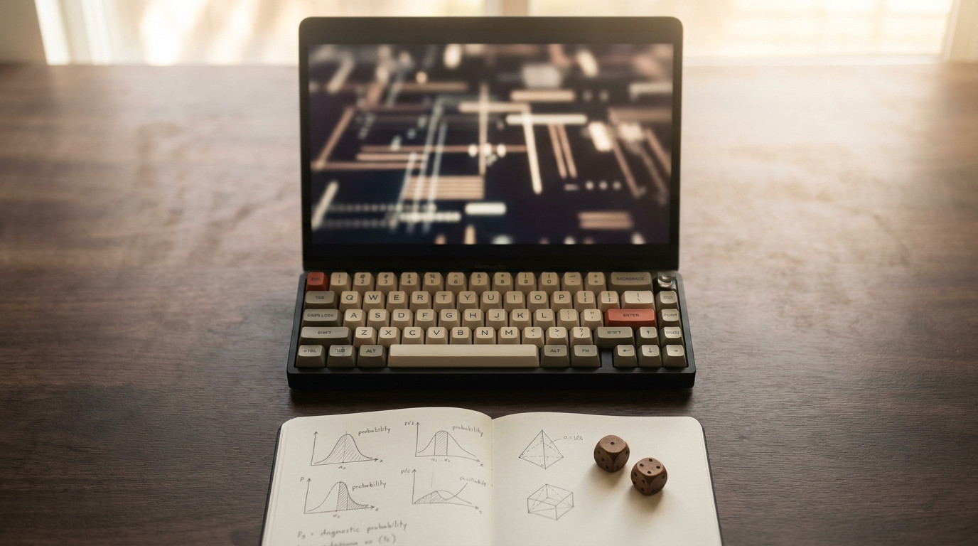 Flat lay of a laptop showing abstract code, a mechanical keyboard, a notebook with probability sketches and a pair of