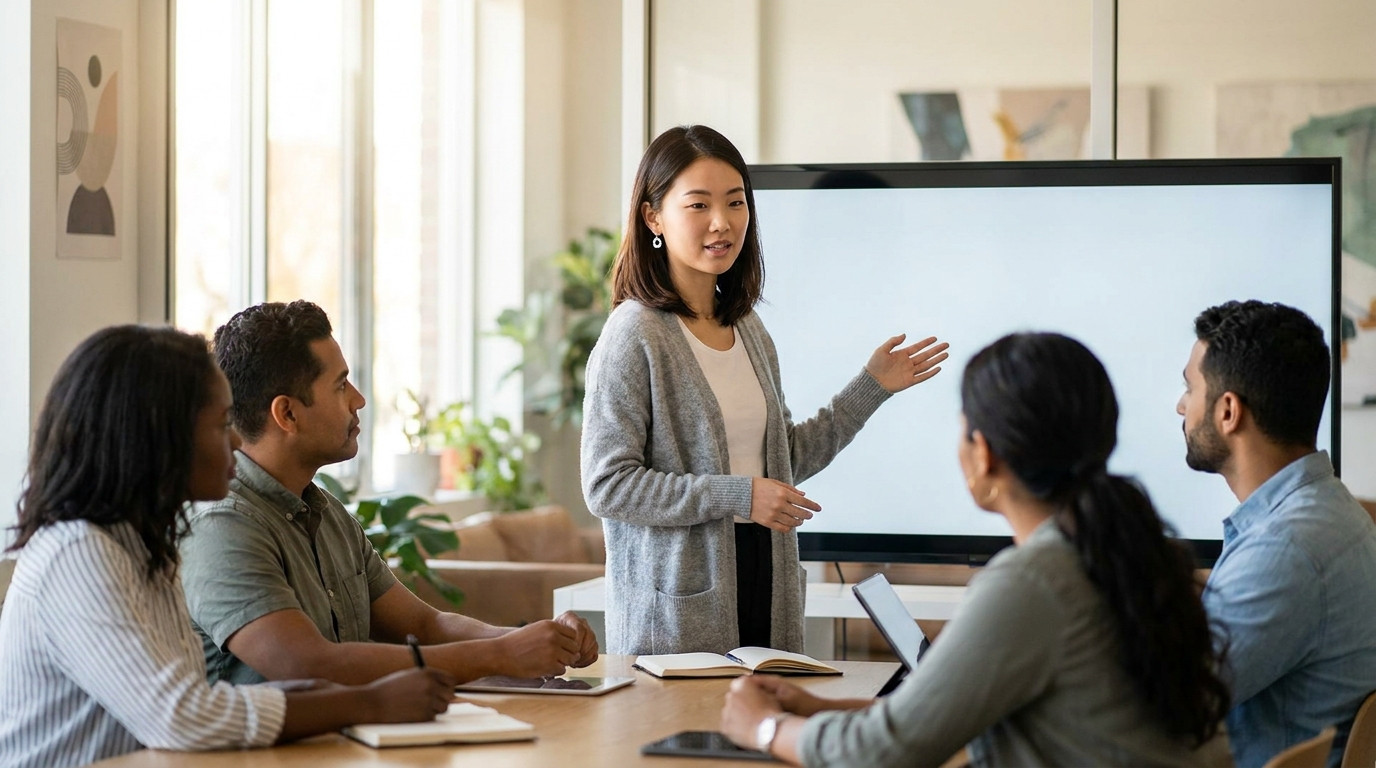 A college sophomore presenting a chart on a large screen to a small group of business analysts in a bright corporate