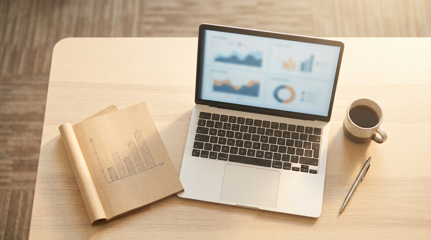 Flat lay of a laptop showing an abstract dashboard, a notebook with a hand-drawn bar chart, a coffee cup and a pen, on