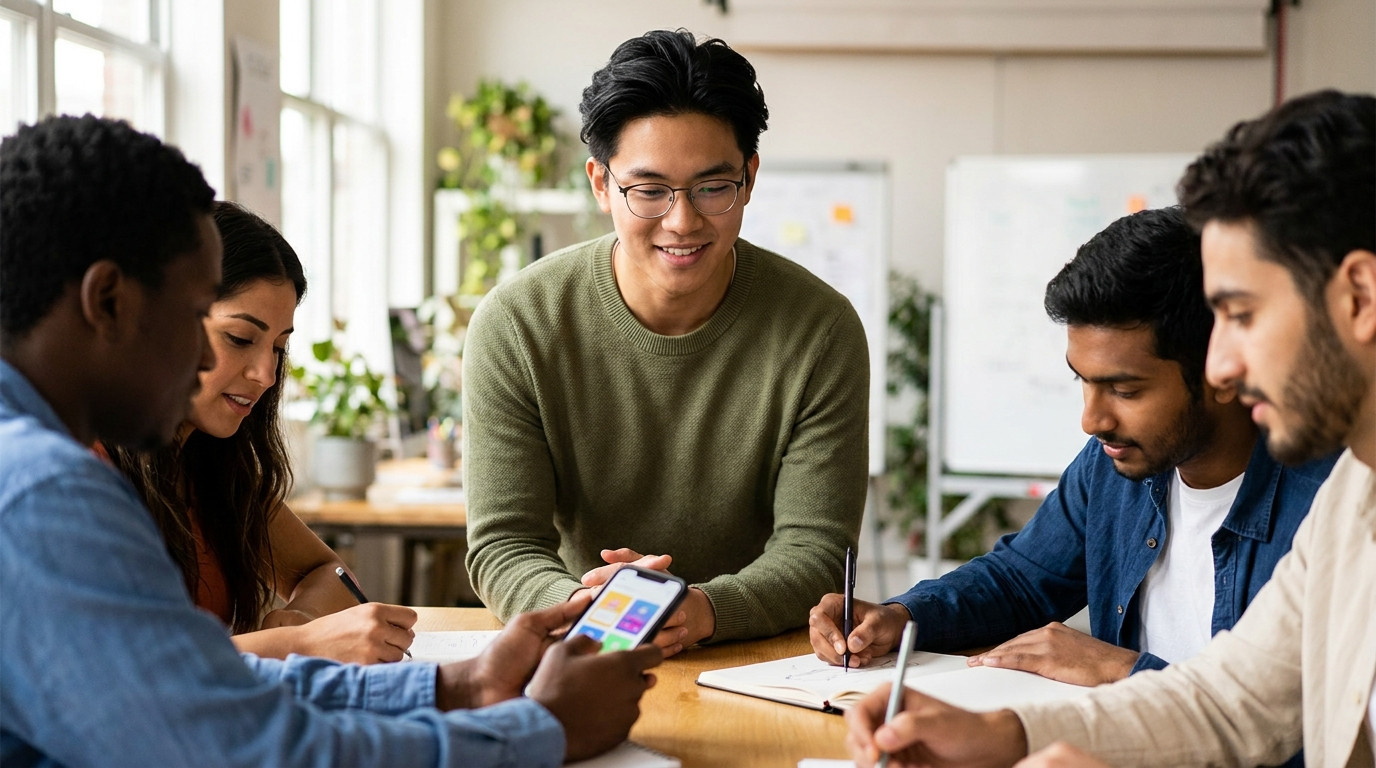 A small group of community college students collaborating around a table in a bright creative office, one holding a