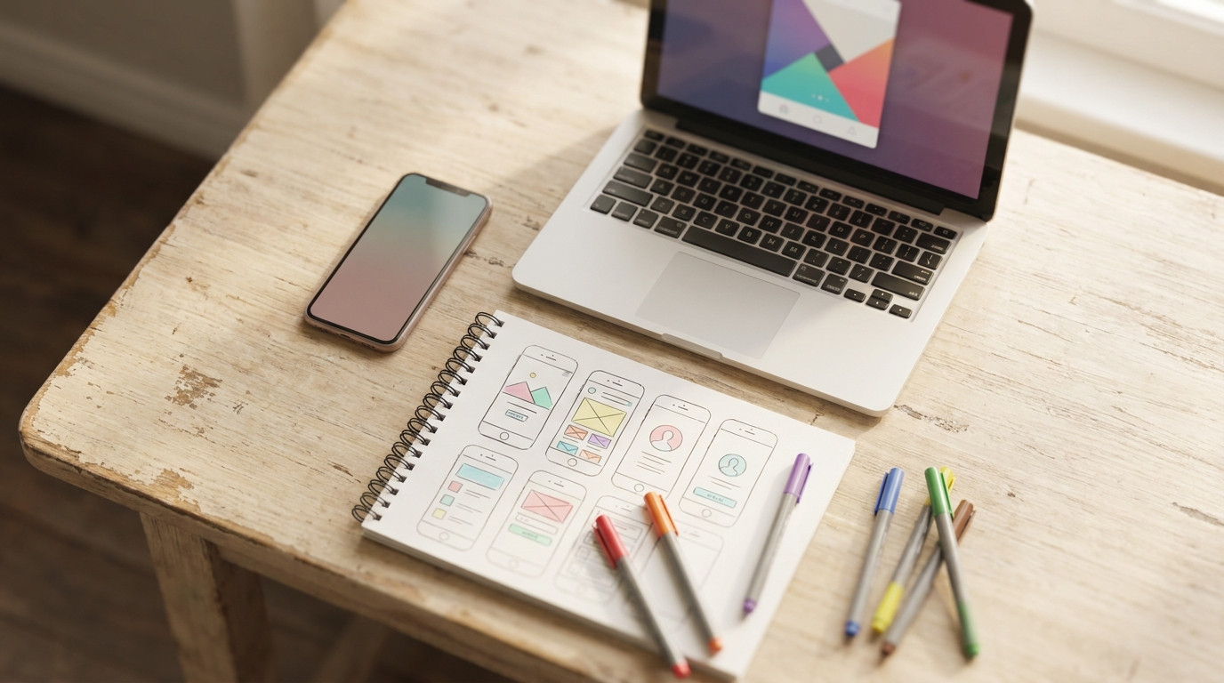 Flat lay of a smartphone, a laptop showing an abstract colorful app interface, a sketchbook with hand-drawn screen