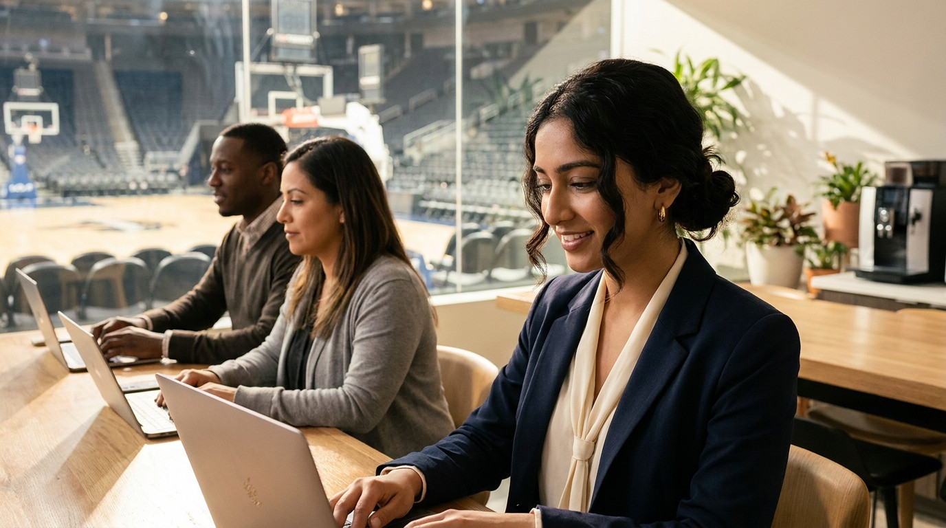 A young professional in the front office of a pro basketball arena, working on a laptop with two colleagues near a