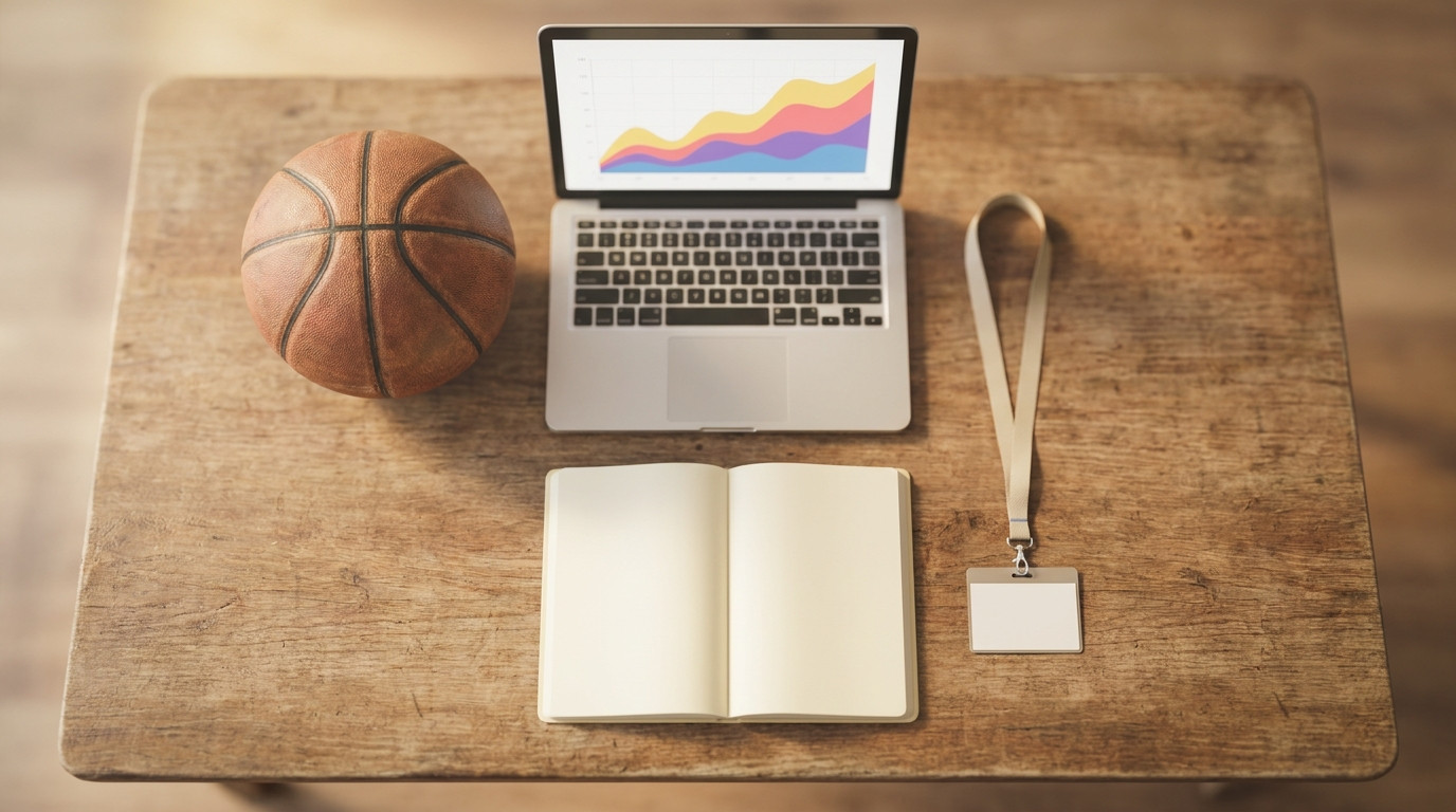Flat lay of a basketball, a laptop showing an abstract chart, a notebook and a lanyard with a blank badge on a wooden