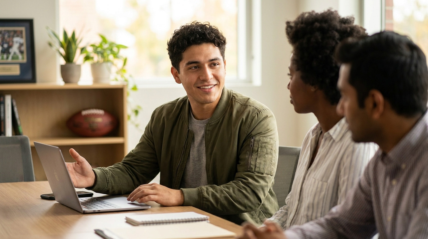 A recent college graduate in business casual working with two colleagues at a conference table in a sports league