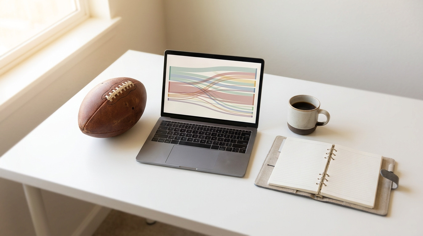 Flat lay of an American football, a laptop showing an abstract chart, a planner and a coffee cup on a white desk