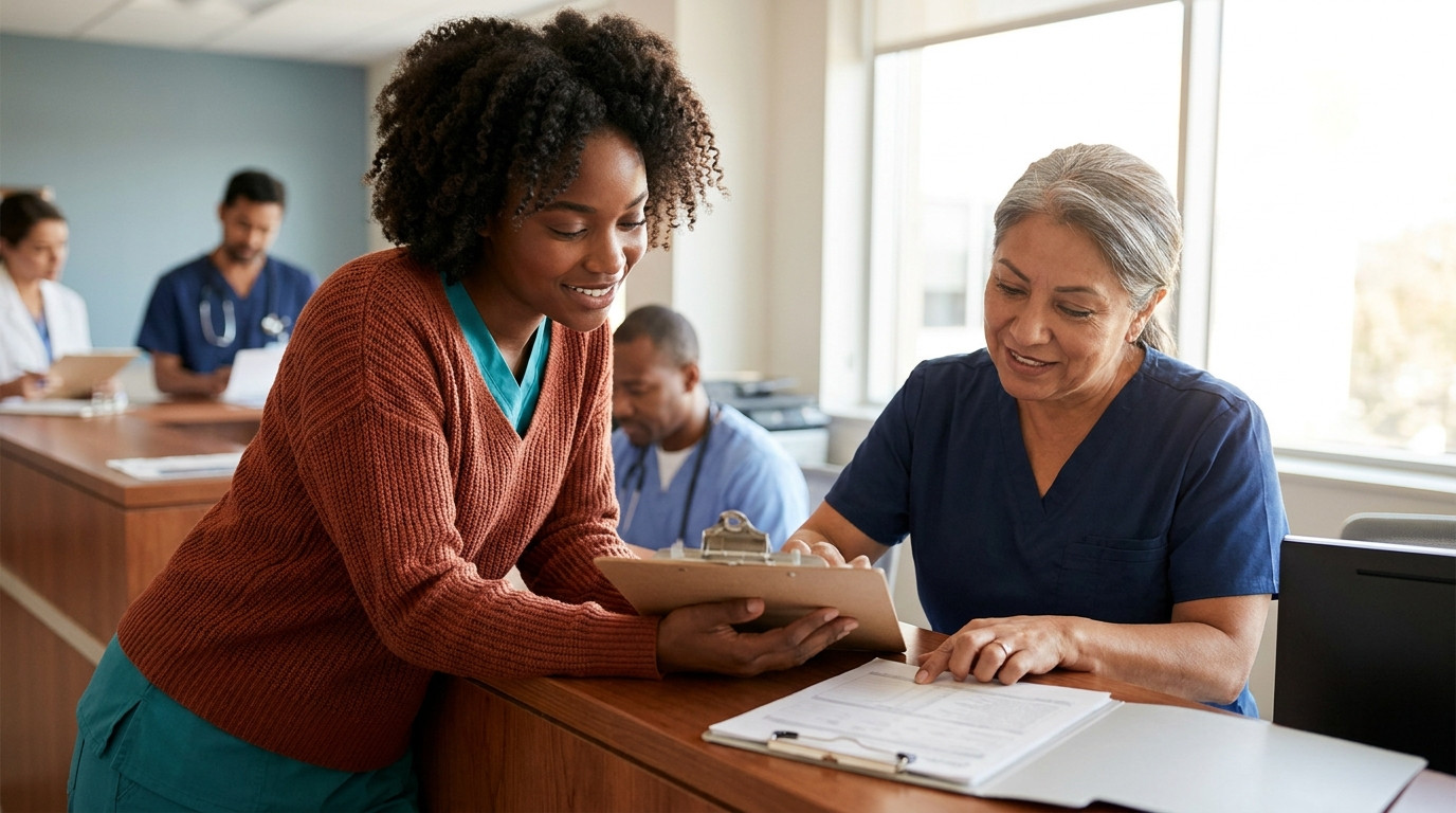 A newly licensed nurse in scrubs reviewing a patient chart with an experienced nurse preceptor at a hospital nurses'