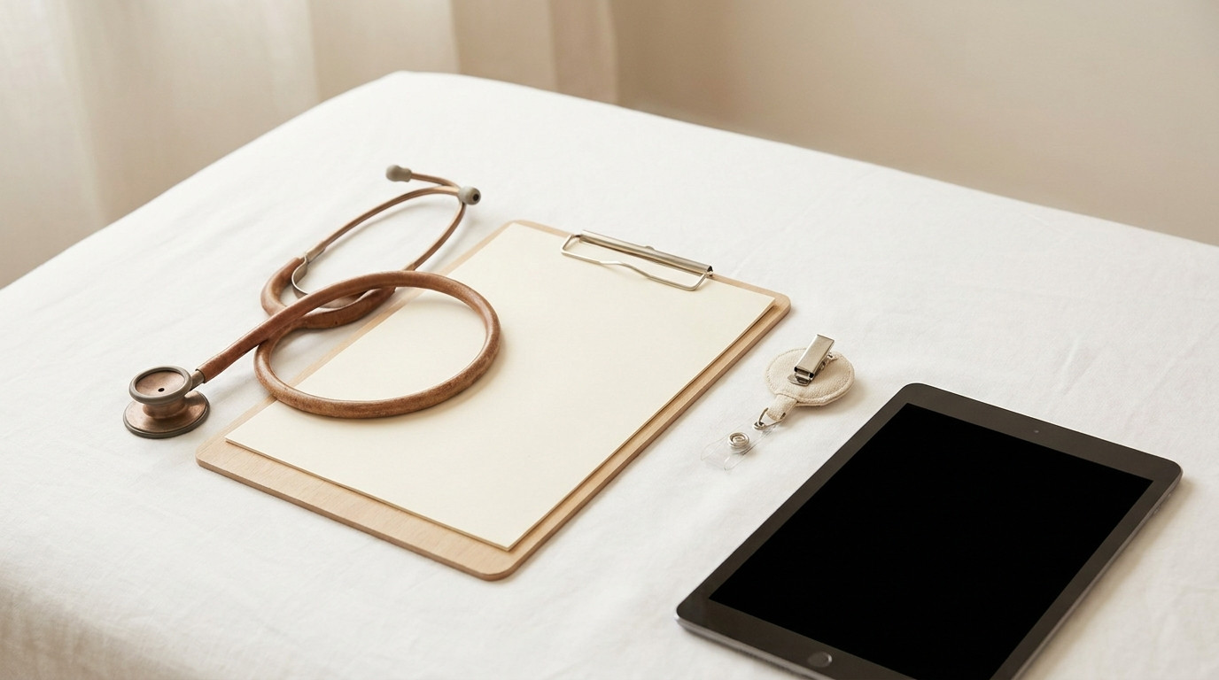 Flat lay of a stethoscope, a clipboard with a blank form, a badge reel and a tablet on a clean white surface, overhead