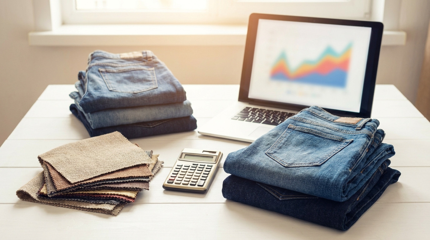 Flat lay of folded denim, fabric swatches, a calculator and a laptop showing an abstract chart on a white table