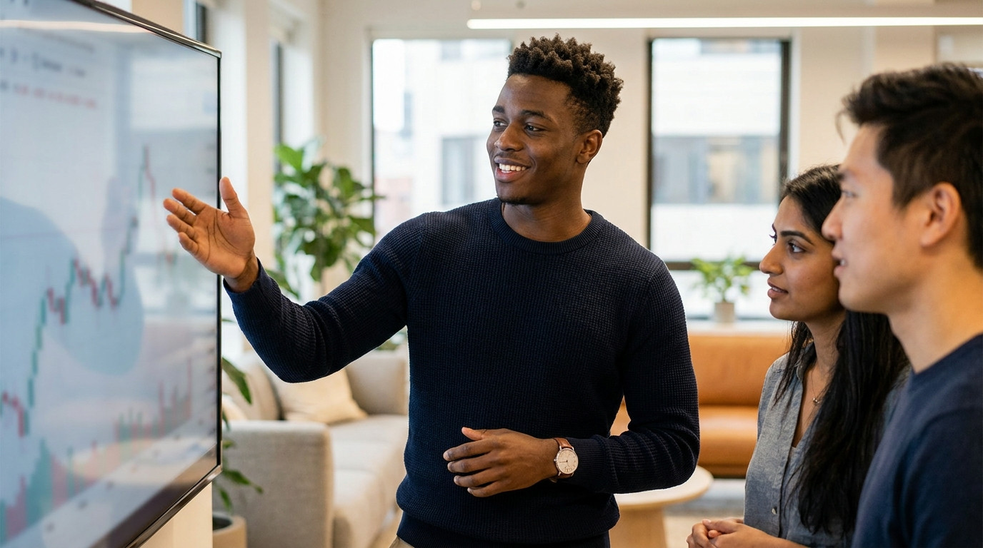 A recent graduate presenting a financial forecast on a large monitor to two finance colleagues in a modern tech office