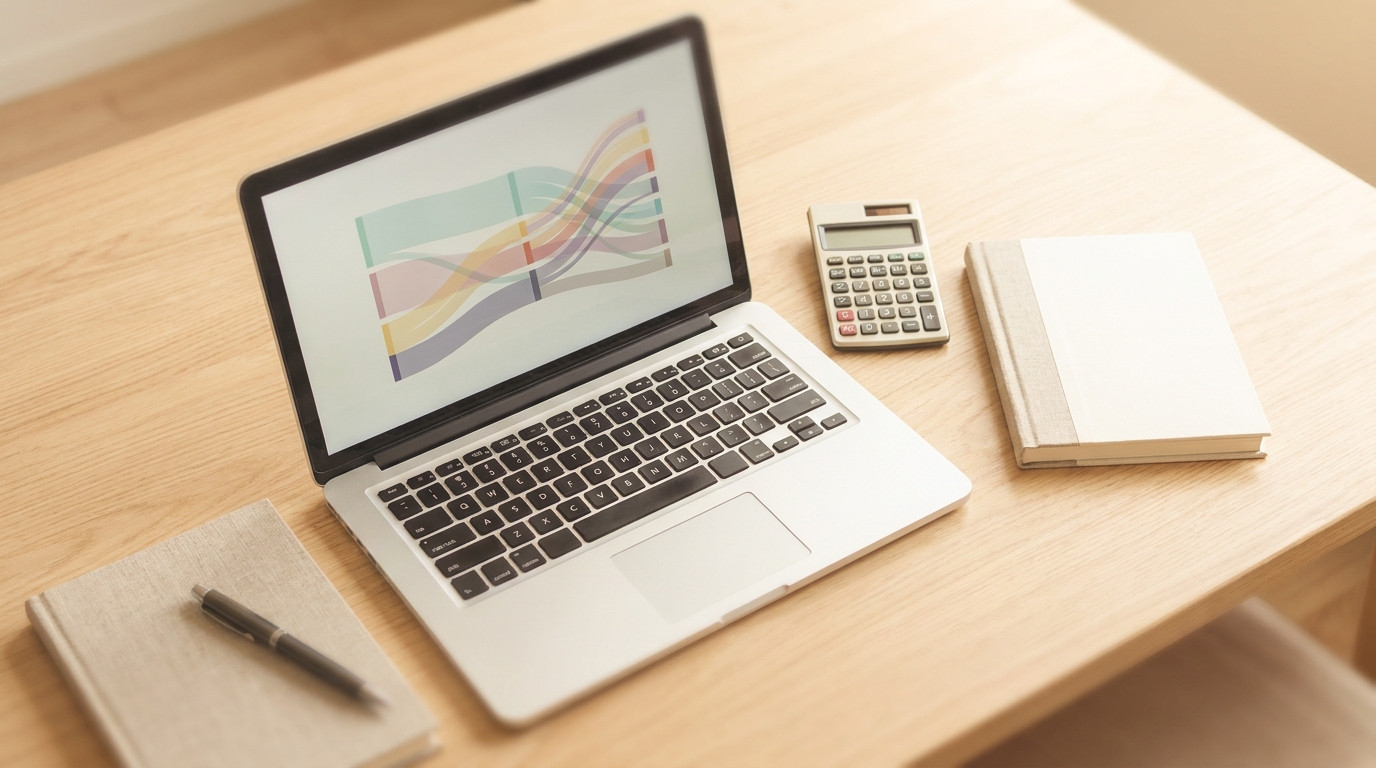 Flat lay of a laptop showing an abstract spreadsheet chart, a calculator, a notebook and a pen on a light wood desk
