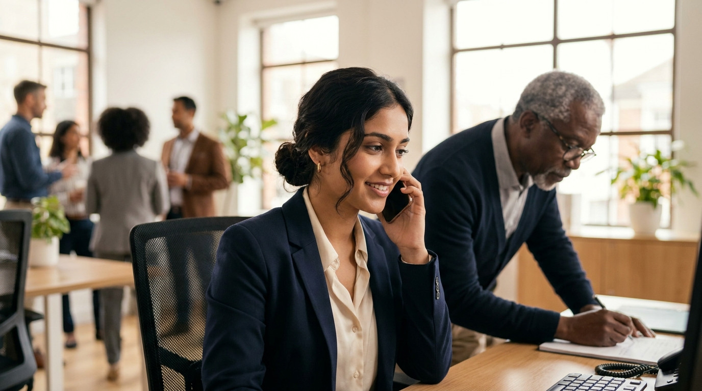 A young financial advisor in business attire on a phone call at a desk inside a bright bank branch office, a senior