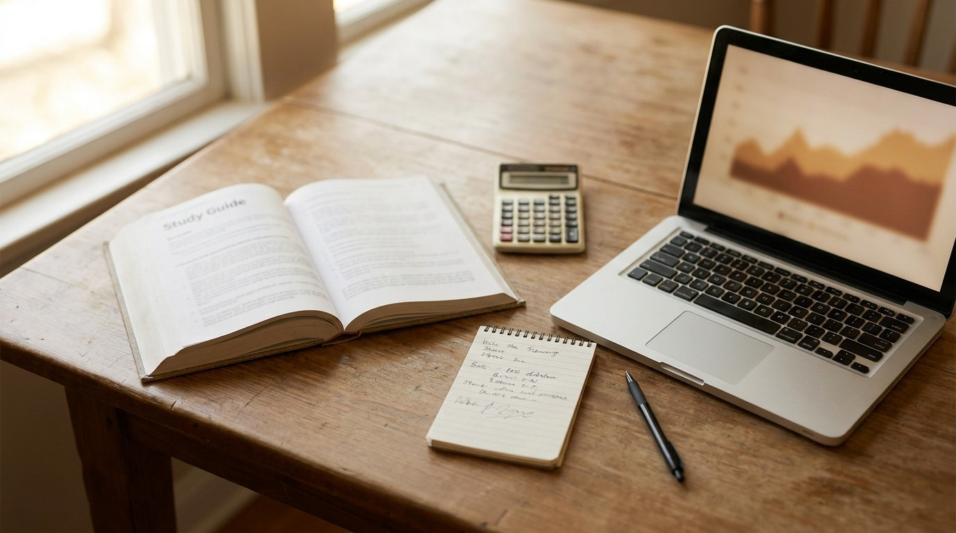 Overhead flat lay of a licensing exam study guide, a notepad with a handwritten client call list, a calculator, a pen