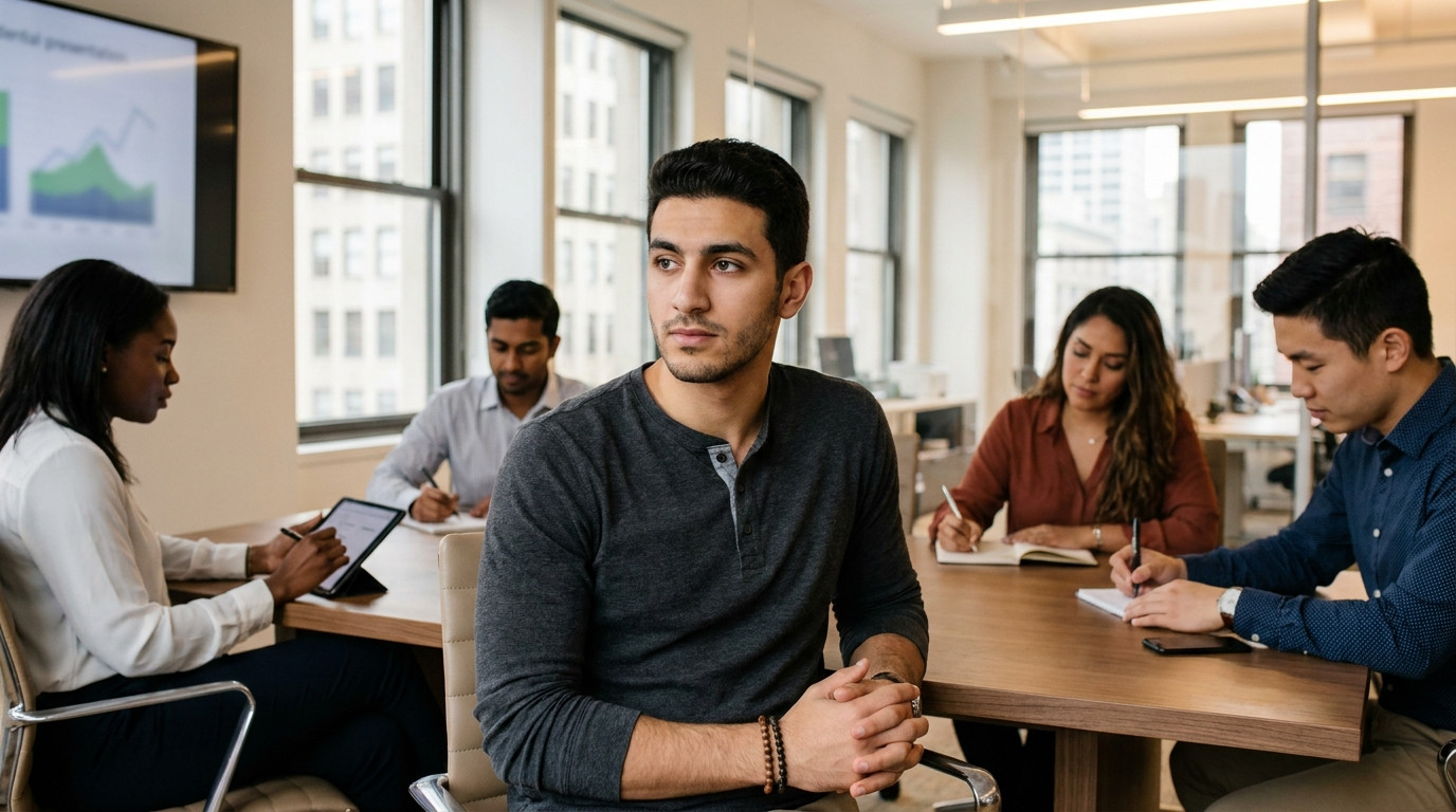A small group of recent graduates in business casual around a conference table in a modern Manhattan office, one