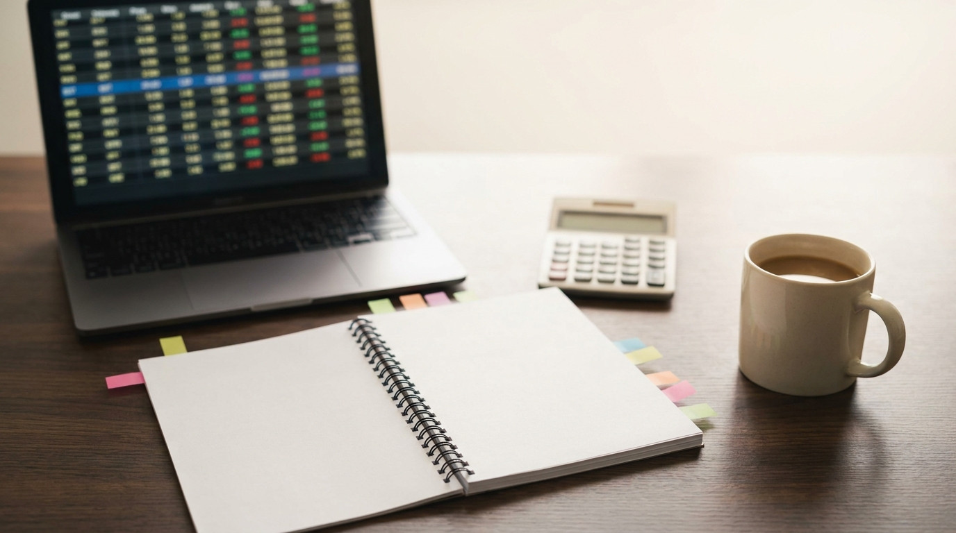 Overhead flat lay of a laptop showing an abstract financial model grid, a printed company annual report with sticky