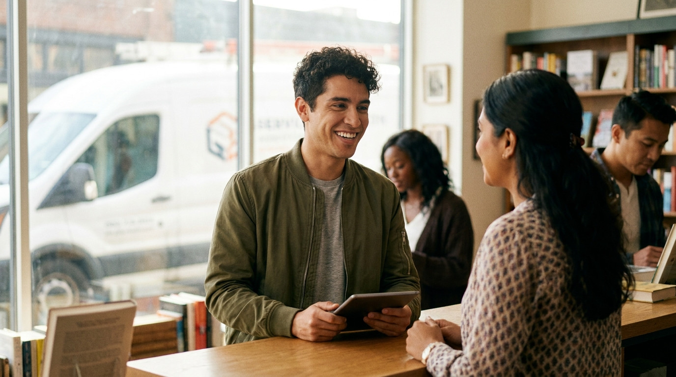 A young management trainee in a polo shirt talking with a small business owner at a shop counter, holding a tablet, a