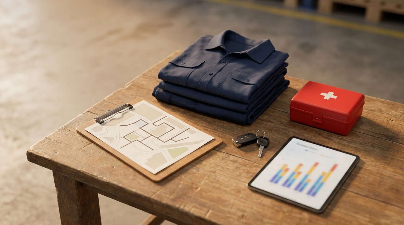 Overhead shot of a clipboard with a route sheet, folded work uniforms, a first aid kit, car keys and a tablet showing