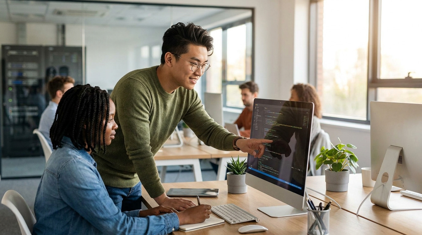 Two recent graduates working side by side at a desk in a modern tech office, one pointing at code on a monitor while