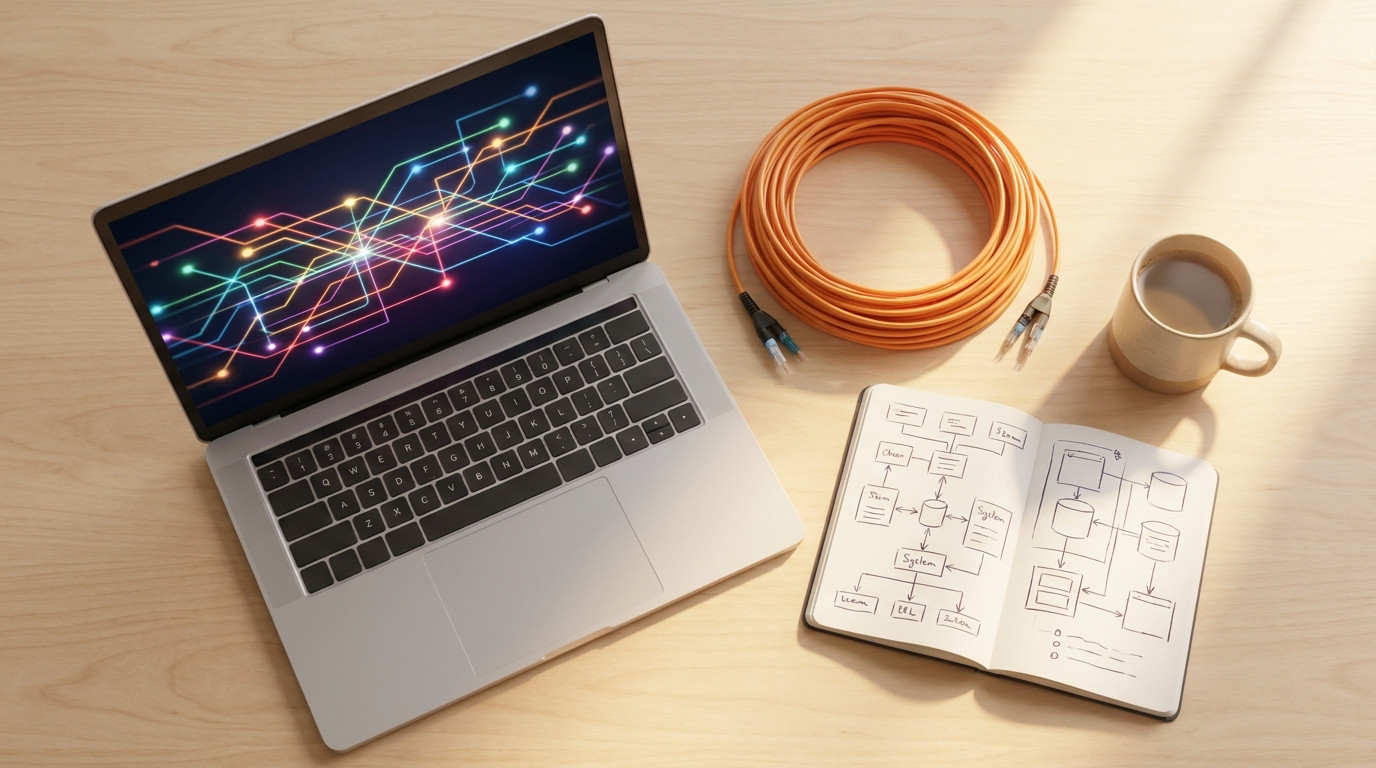 Overhead flat lay of a laptop showing an abstract network diagram, a coil of fiber optic cable, a notebook with system