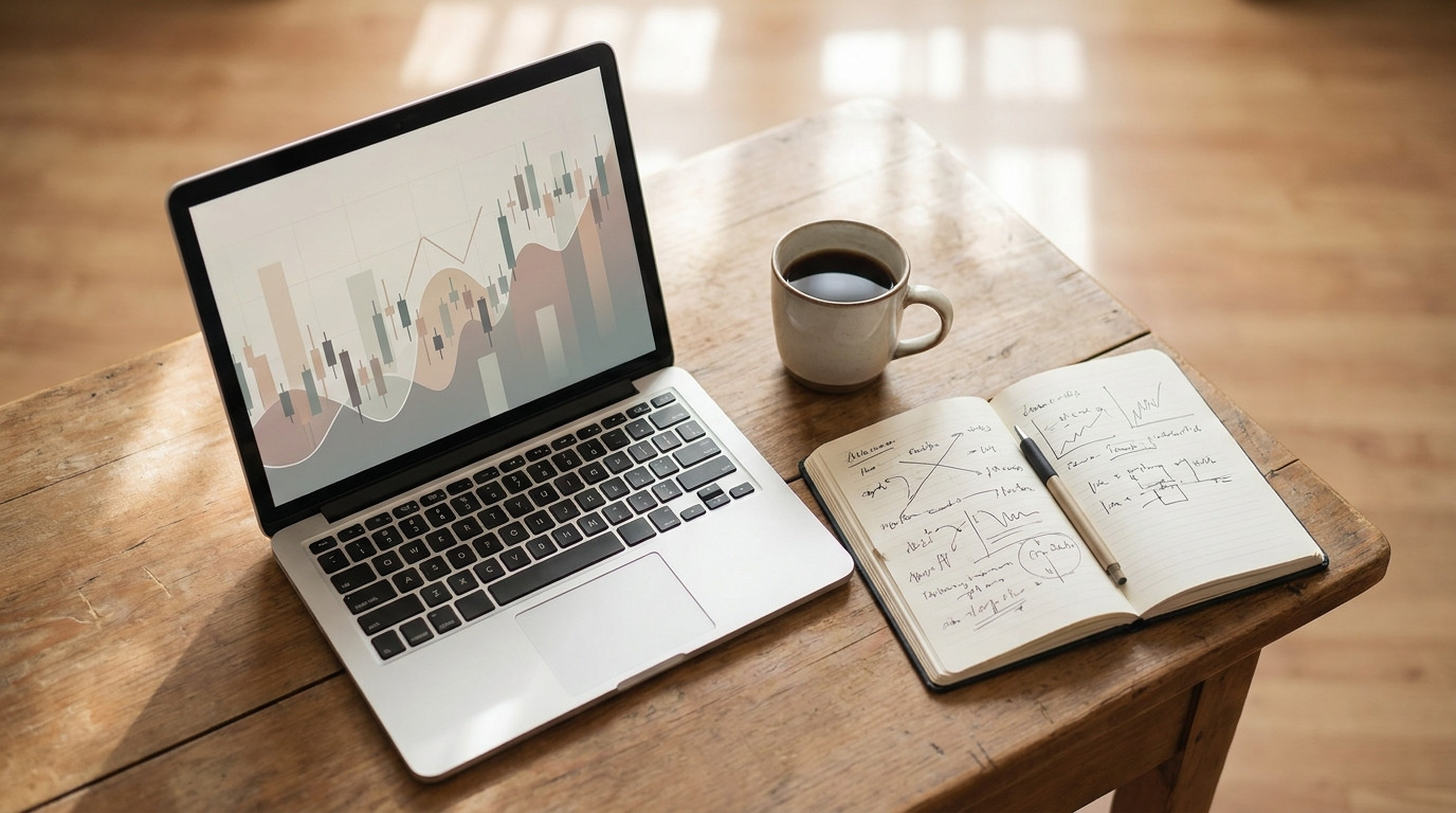 Flat lay of a laptop showing an abstract financial chart, a notebook with handwritten notes, a pen and a coffee cup on