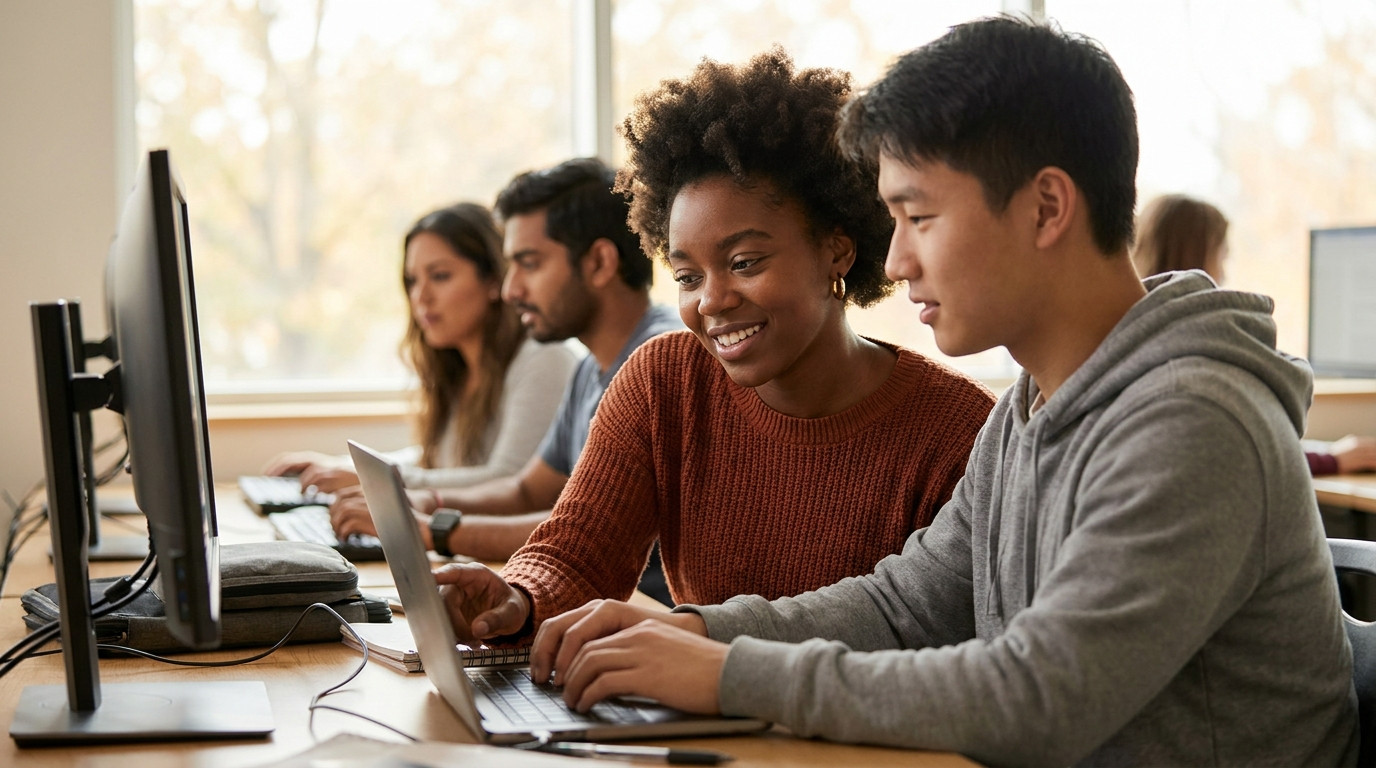 Two first-year college students pair programming at a desk in a campus computer lab, one typing on a laptop while the