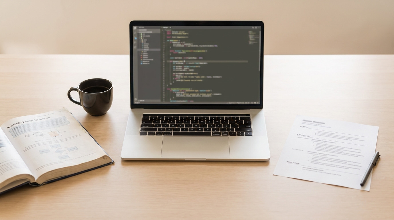 Flat lay of an open laptop showing abstract lines of code, an introductory computer science textbook, a printed resume