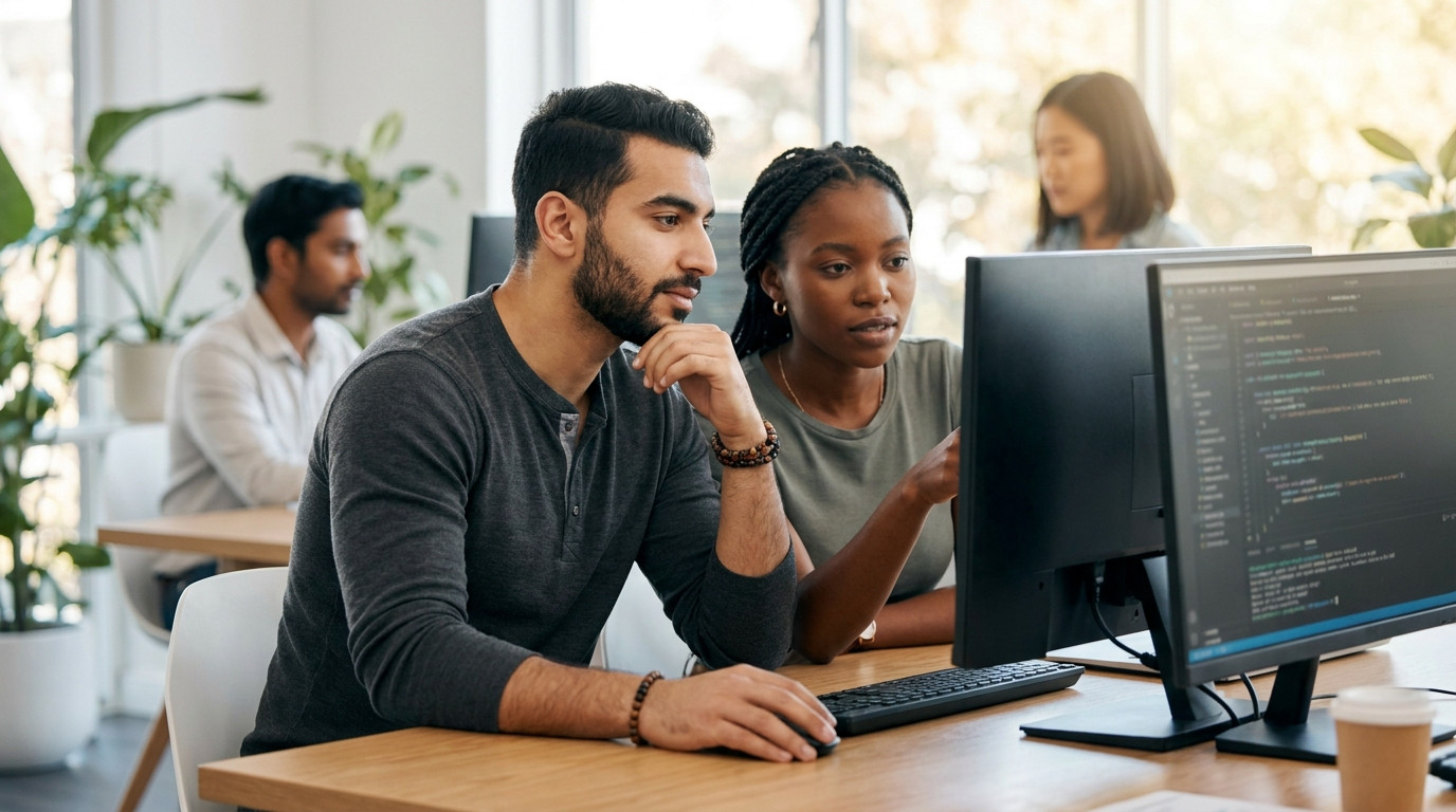 Two early-career software engineers pair programming at a shared desk with two monitors in a bright modern office, one