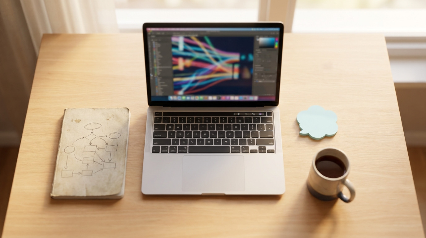 Flat lay of a laptop showing abstract code, a notebook with a hand-drawn system diagram, a cloud-shaped sticky note and