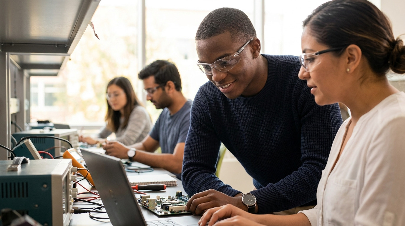 A college intern in a NASA-style engineering lab working alongside a mentor at a test bench with circuit boards and a
