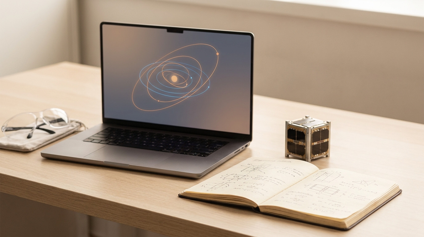 Flat lay of a laptop showing an abstract orbit diagram, an engineering notebook, a small satellite model and a pair of