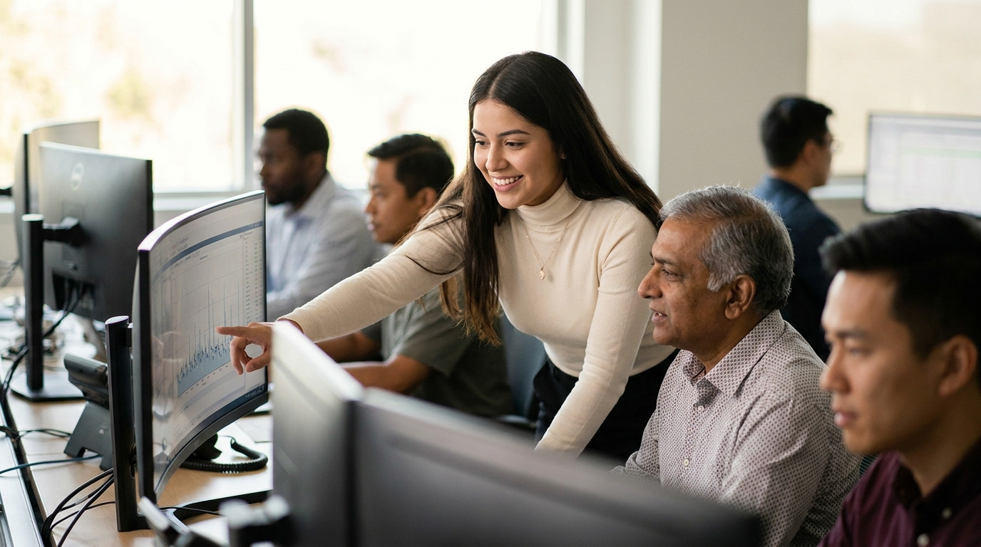 A young intern in business casual reviewing data on a monitor with a senior engineer in a generic engineering