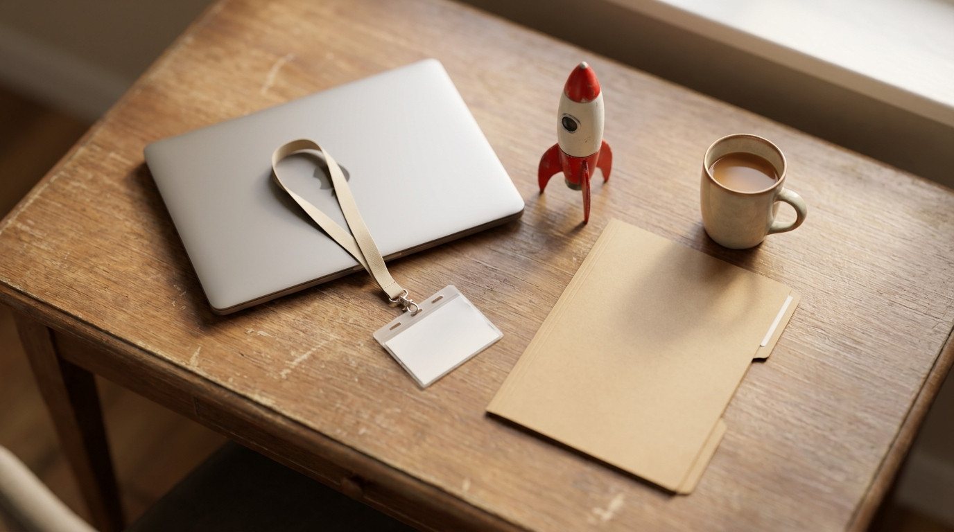 Flat lay of a closed laptop, a blank lanyard badge, a small model rocket, a plain closed folder and a coffee mug on a