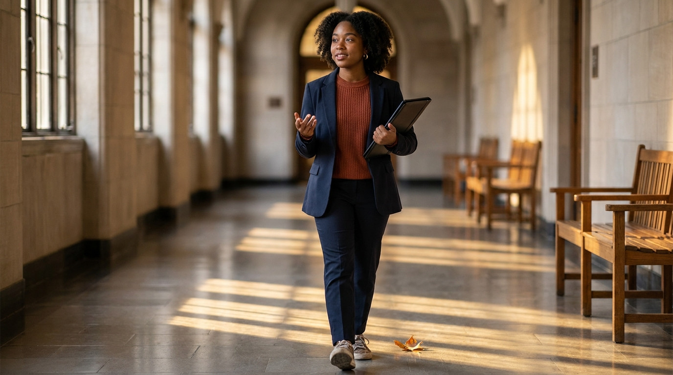 A college student in a navy suit jacket and white shirt walking slowly down an empty university hallway in the late