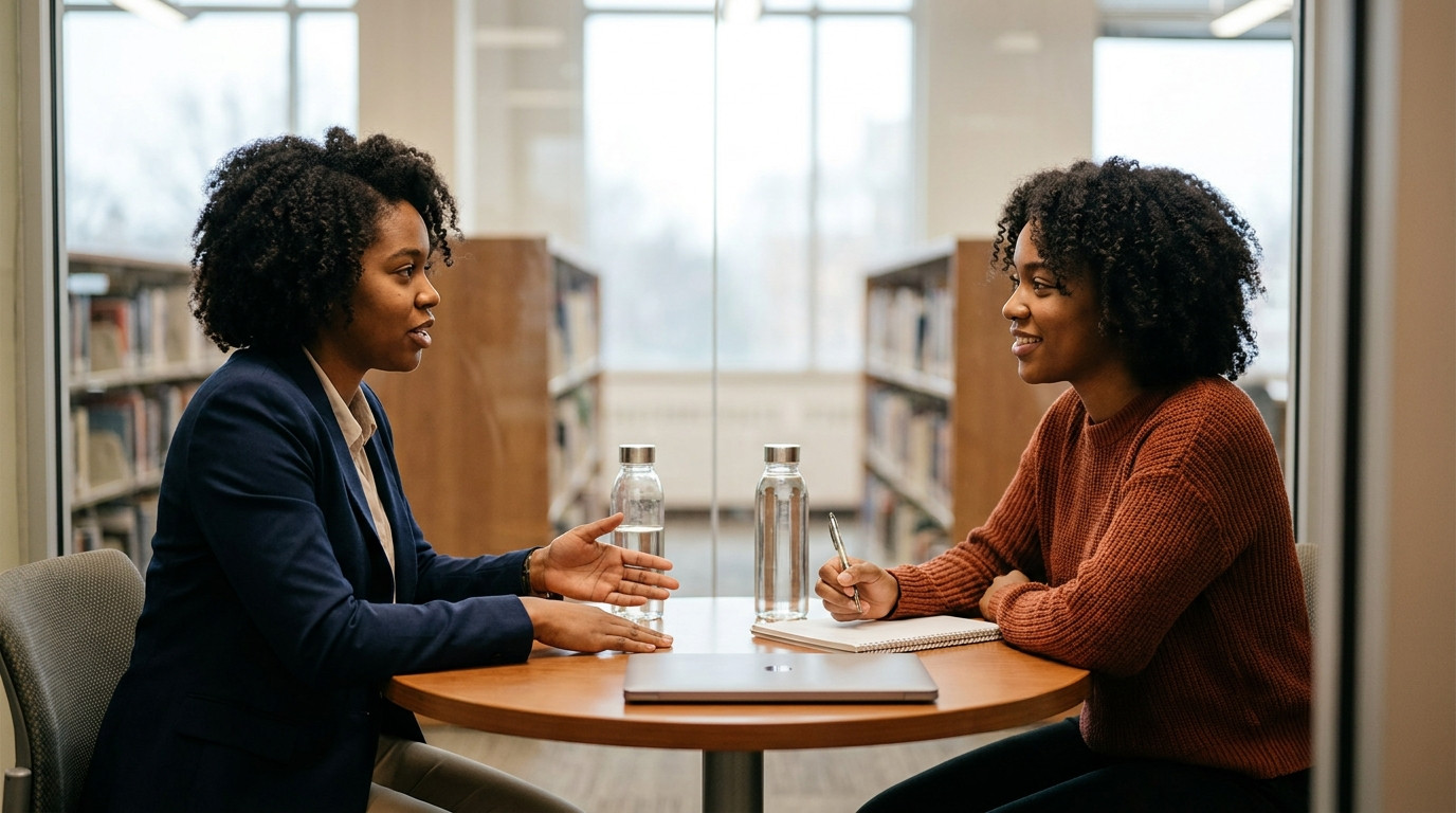 Two people both fully inside the frame and no one cropped at the edges. Two students run a mock interview across a