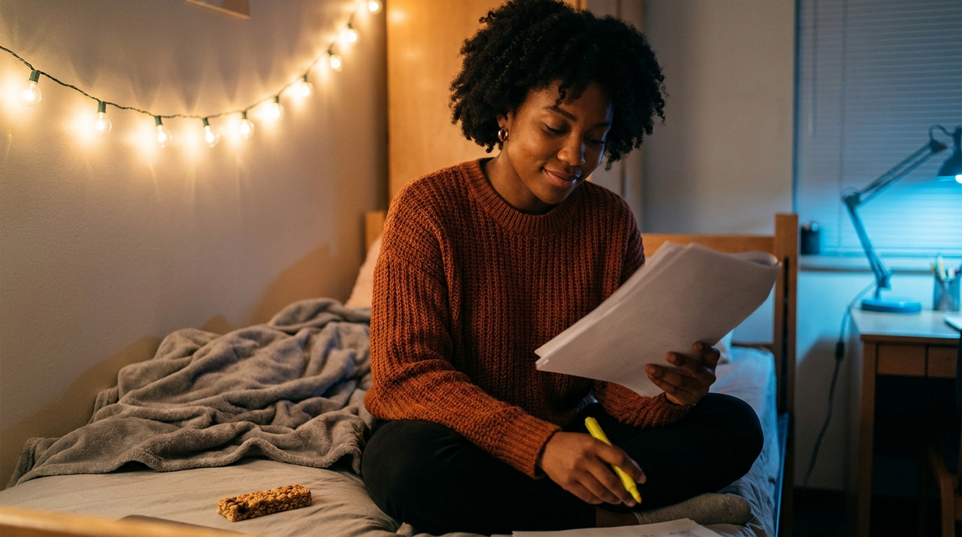 A student sits cross-legged on a narrow dorm bed at night with their back against the wall, reading through a stack of