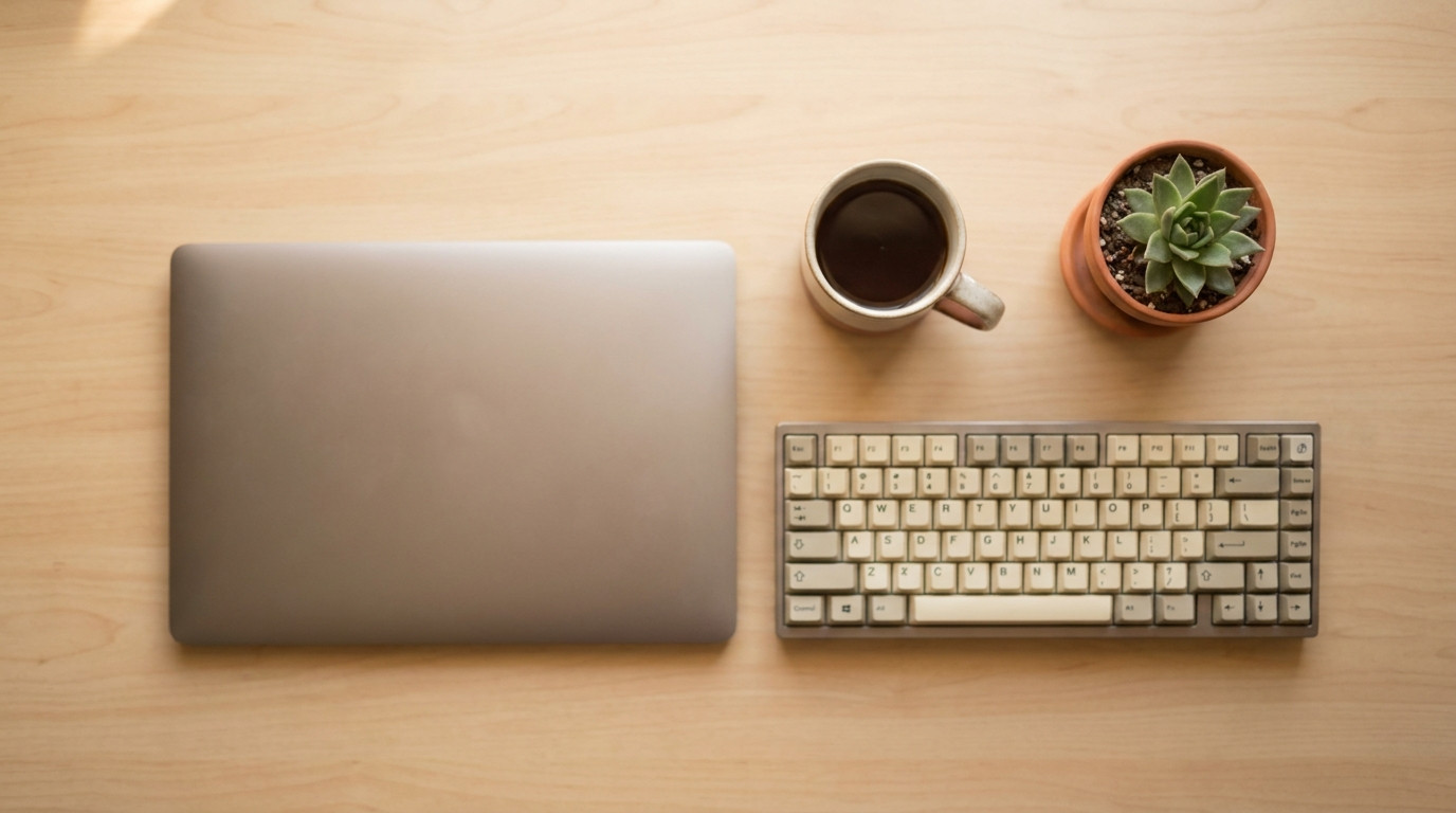Overhead flat lay of a closed laptop, a mechanical keyboard, a mug of tea and a small potted succulent on a light wood