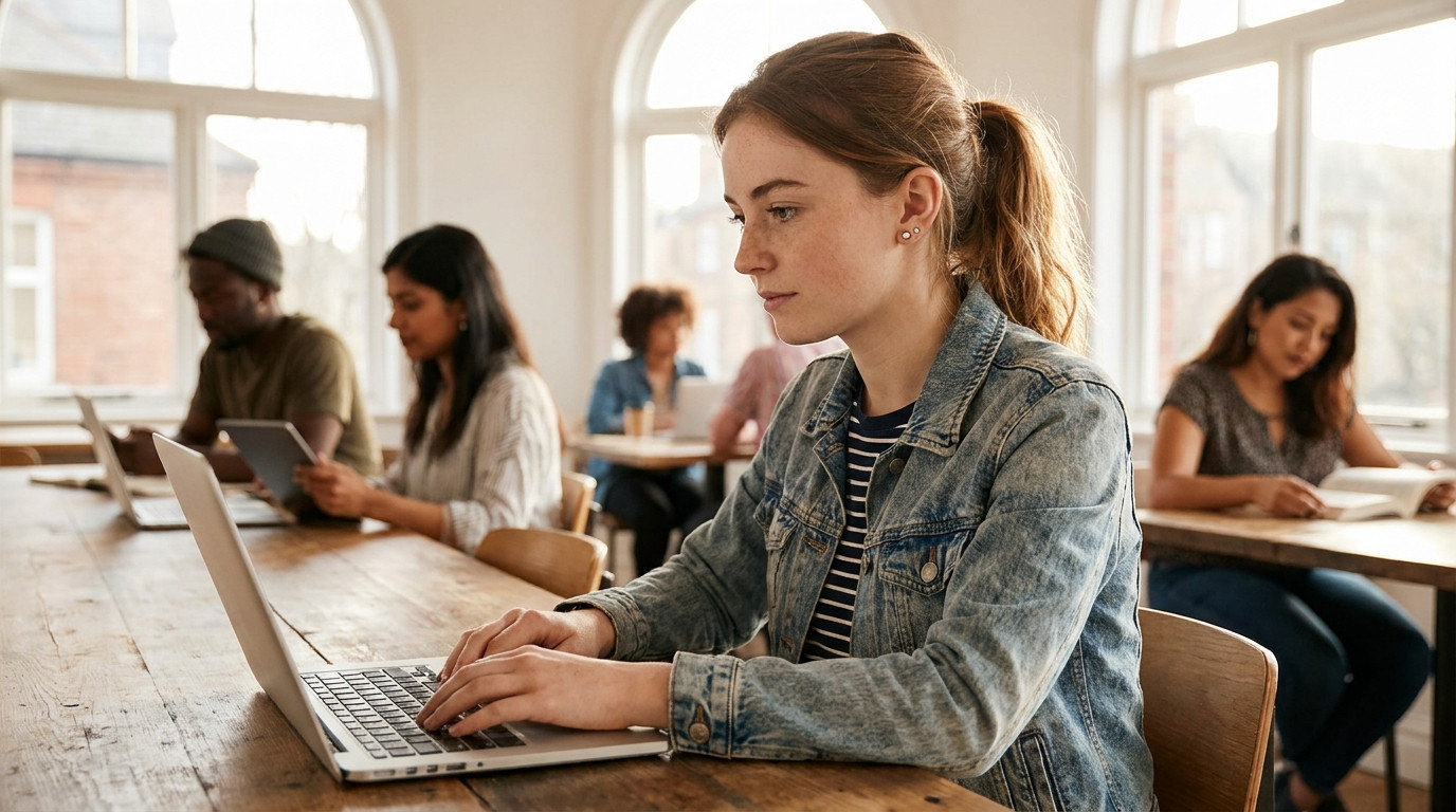 Exactly one young researcher sitting alone at a long wooden table in a quiet shared workspace with tall windows, both