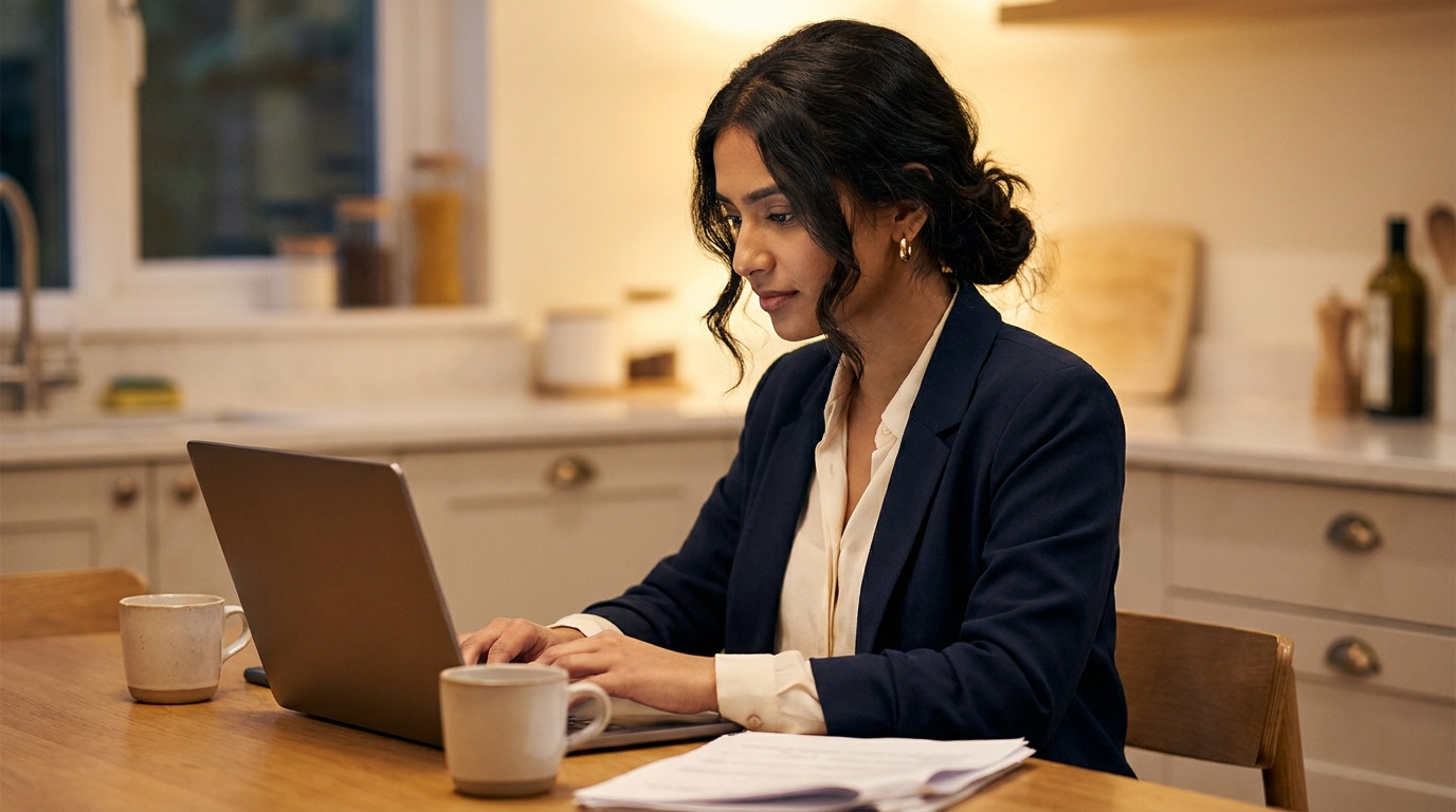 A high school senior sitting alone at a kitchen table in the evening, filling out an online form on a laptop with the