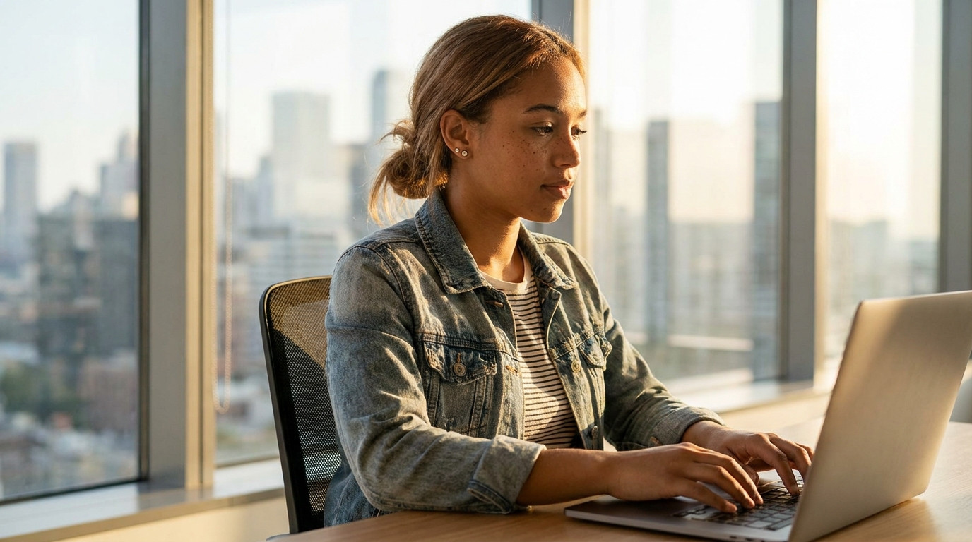 Exactly one young person, about 18, sitting alone at a desk in a bright modern office, both hands on a laptop keyboard