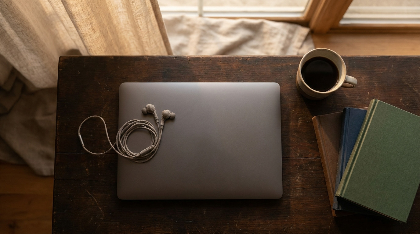 Overhead flat lay of a closed laptop, wired earbuds, a mug of coffee and a small stack of hardcover books on a dark