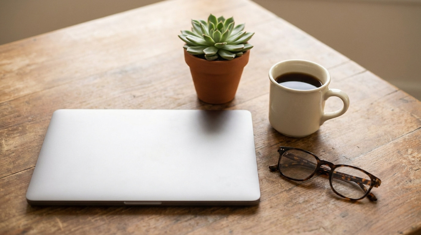 Overhead flat lay of a closed laptop, a small potted succulent, a ceramic mug and a pair of glasses on a warm wooden