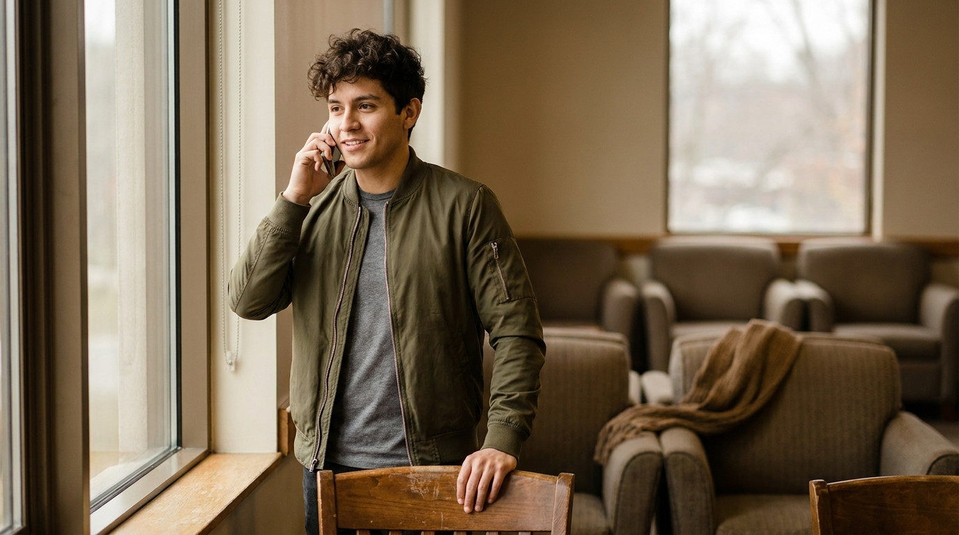 A college student stands alone beside a tall window in an empty campus study lounge on a grey late-autumn afternoon