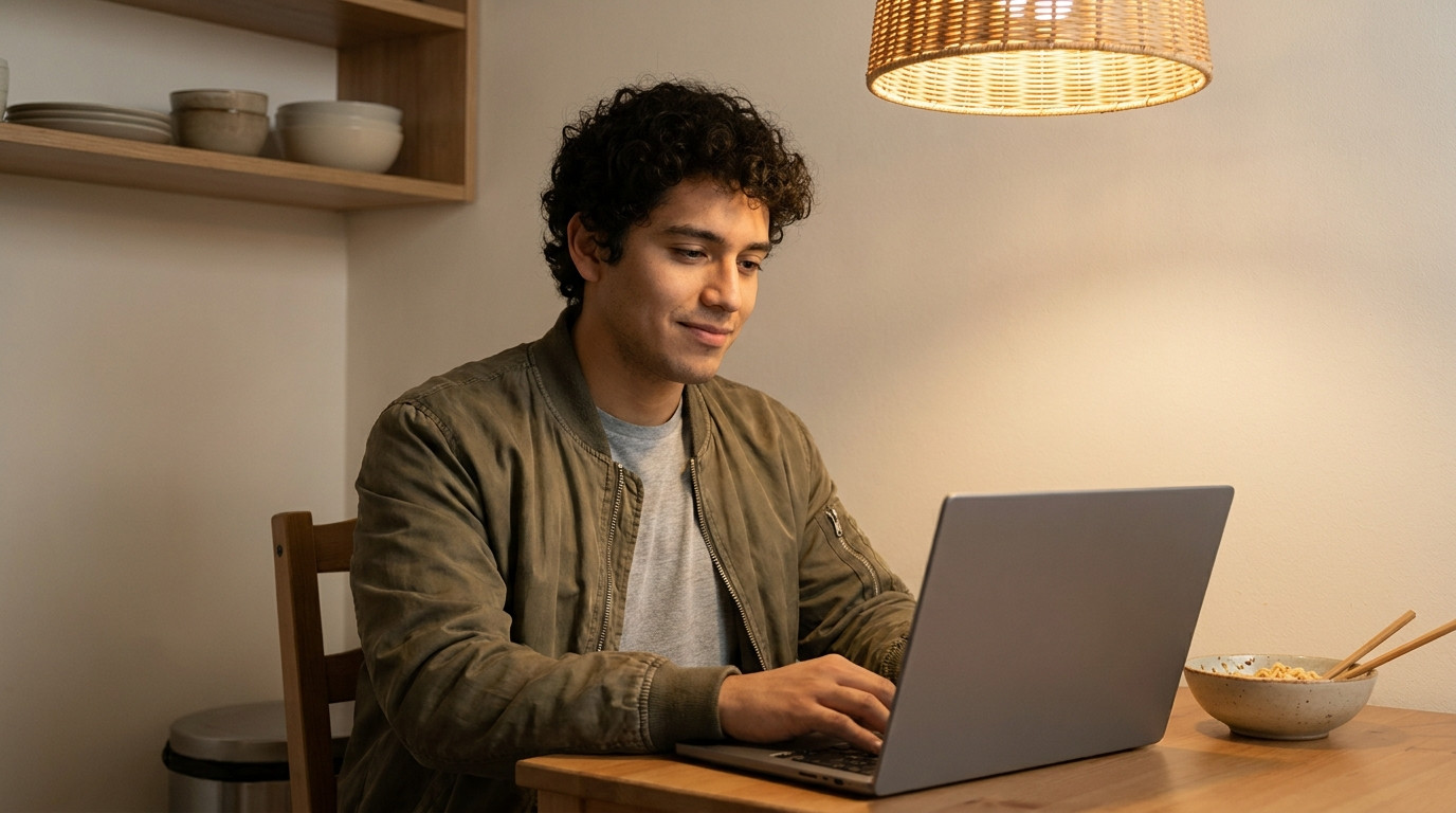 The same college student sits alone at a small kitchen table late in the evening, typing on a laptop whose screen is