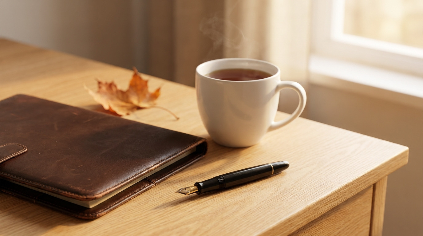 Close-up still life of a closed dark brown leather portfolio lying on a light oak desk beside an uncapped black
