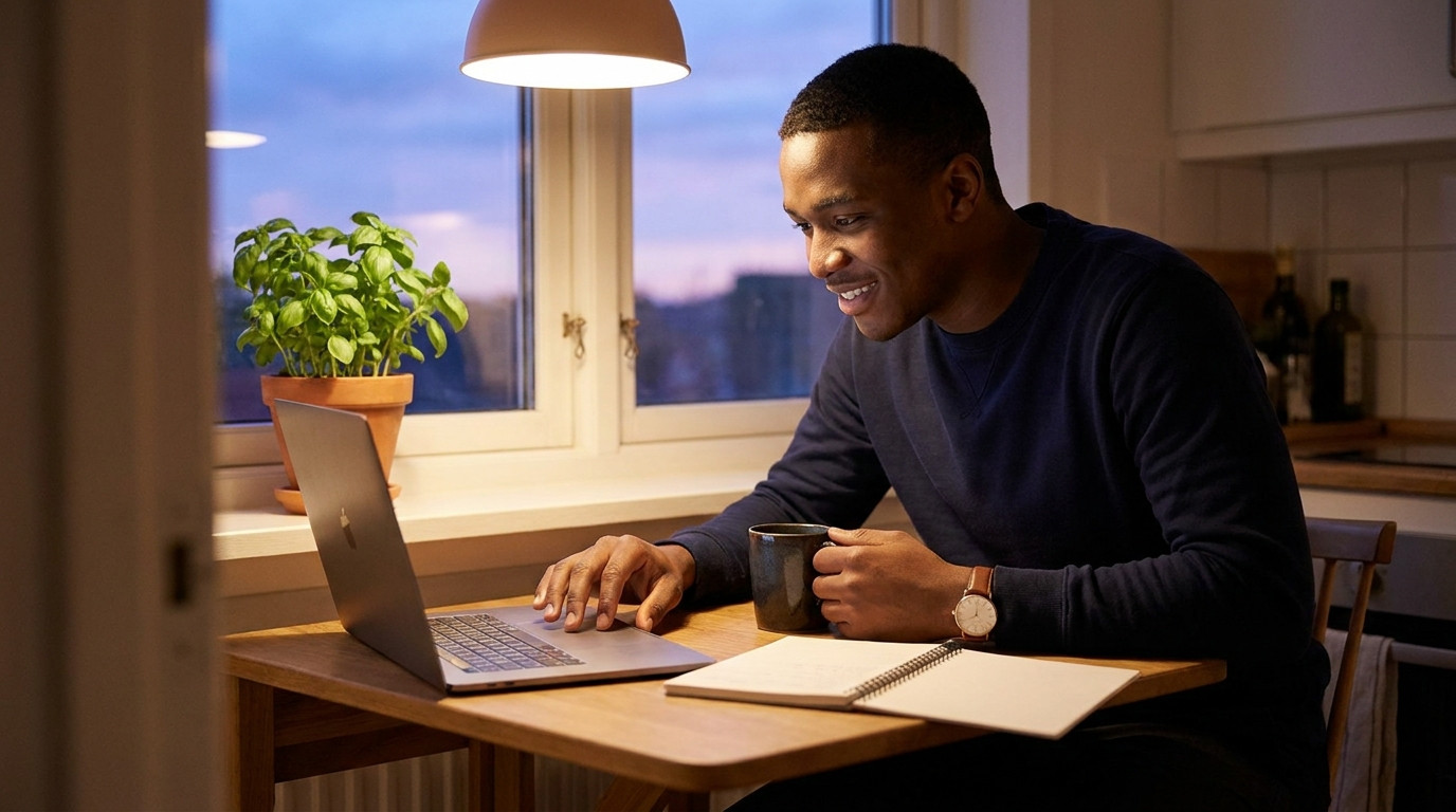 A young adult career switcher sits alone at a small wooden kitchen table at dusk, leaning forward with their right hand