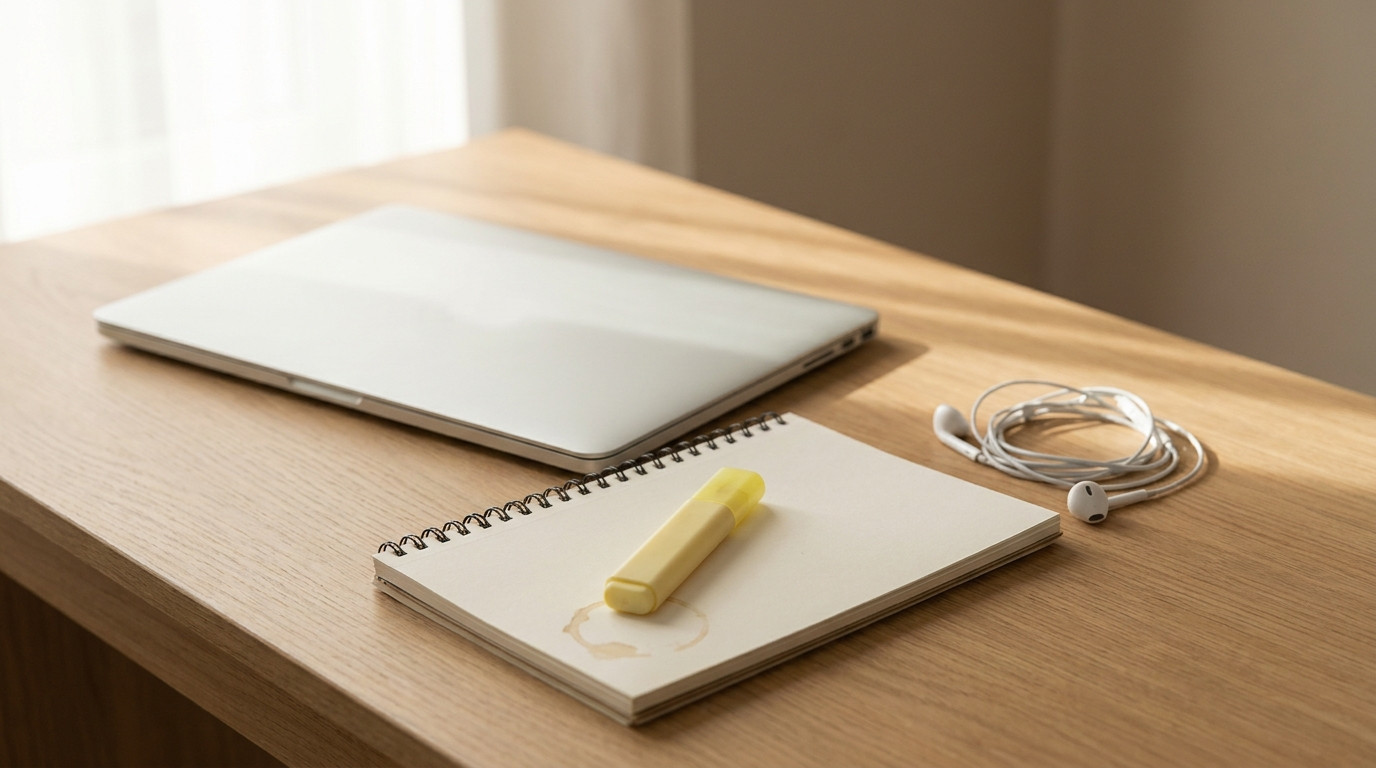 A closed silver laptop with no logo on a light oak desk, a yellow highlighter lying diagonally across a spiral notebook