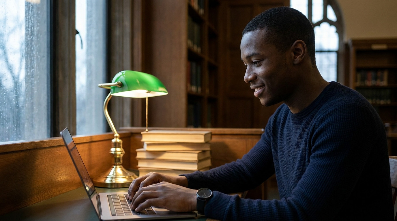 A student sits alone in a quiet wooden study carrel in a university library on a rainy afternoon, typing on a laptop
